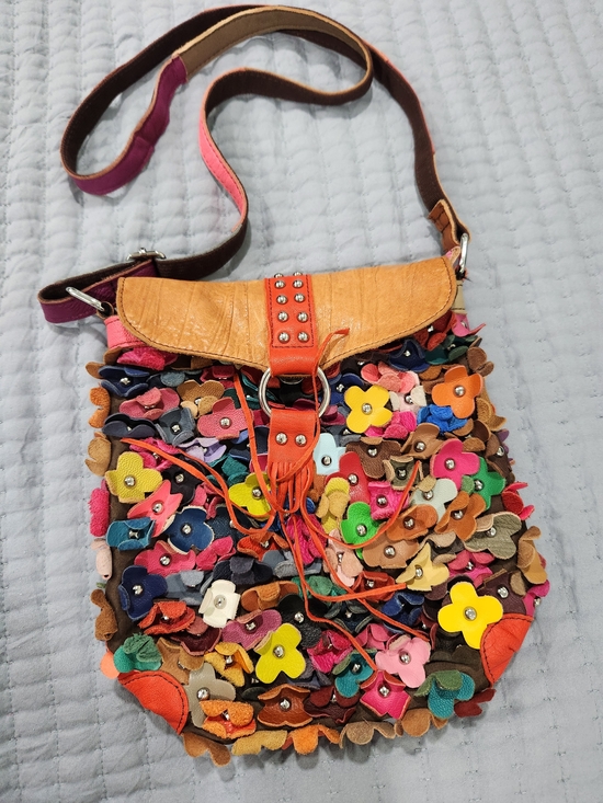 no brand made in china Handbags - Multicolor Floral Appliqué Leather Shoulder Bag - Orange Accent Vintage